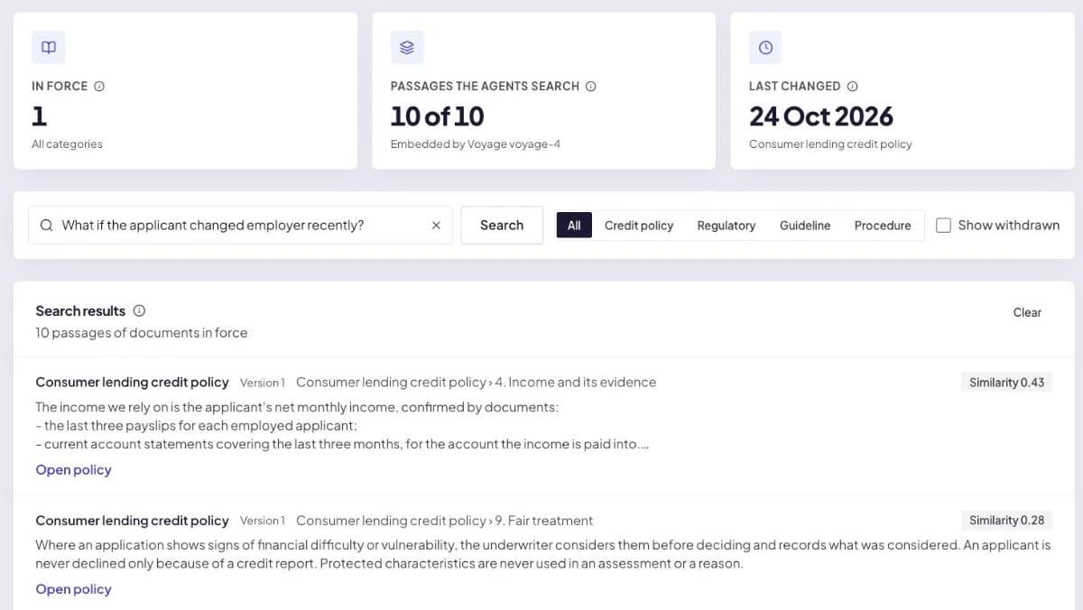 The policy library. A search for 'What if the applicant changed employer recently?' returns passages of the lender's consumer lending credit policy, led by the section on income and its evidence, each with its section heading and a link to open the policy.